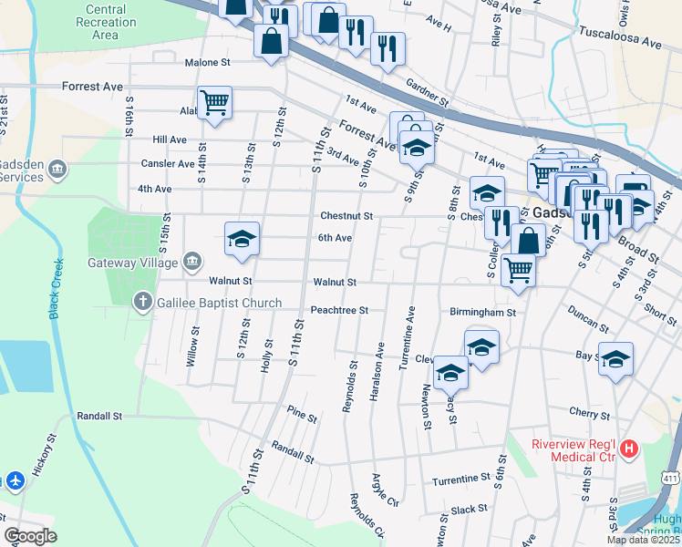 map of restaurants, bars, coffee shops, grocery stores, and more near 1011 7th Avenue in Gadsden