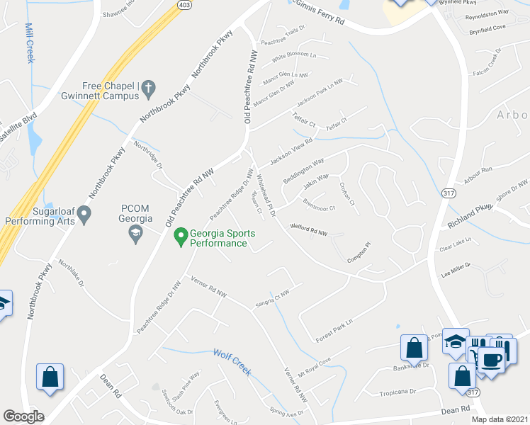 map of restaurants, bars, coffee shops, grocery stores, and more near 880 Ahearn Court in Suwanee