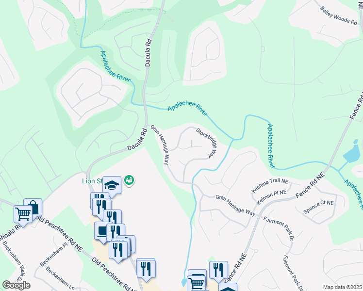 map of restaurants, bars, coffee shops, grocery stores, and more near 505 Lakota Trce in Dacula