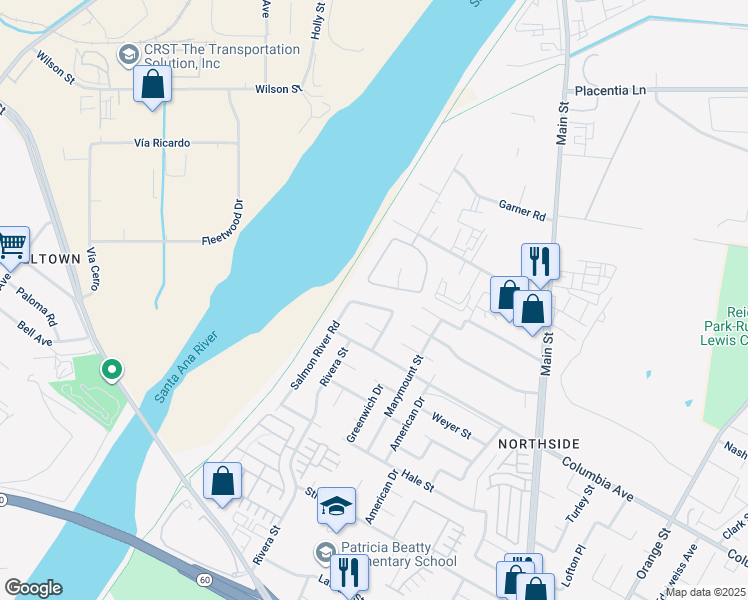 map of restaurants, bars, coffee shops, grocery stores, and more near 4557 Snake River Road in Riverside