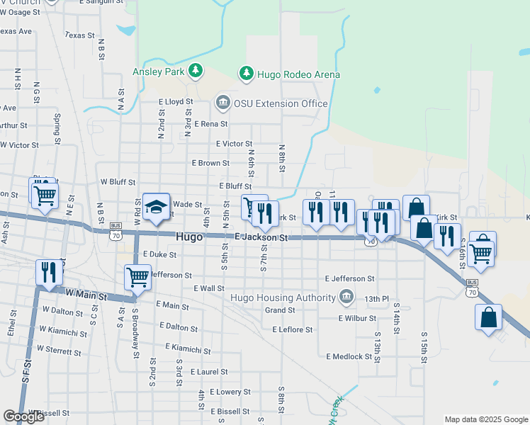 map of restaurants, bars, coffee shops, grocery stores, and more near 402 North 6th Street in Hugo