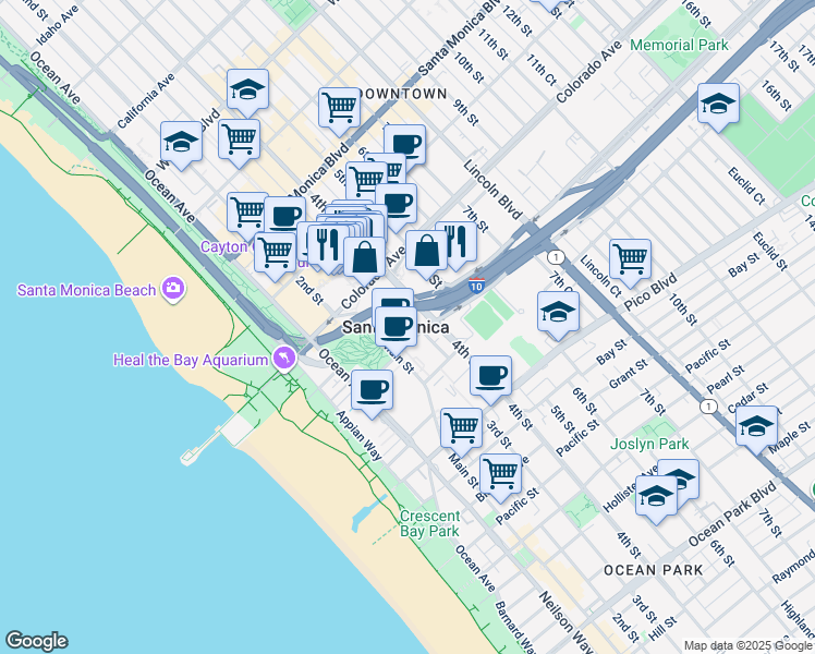 map of restaurants, bars, coffee shops, grocery stores, and more near 1685 Main Street in Santa Monica