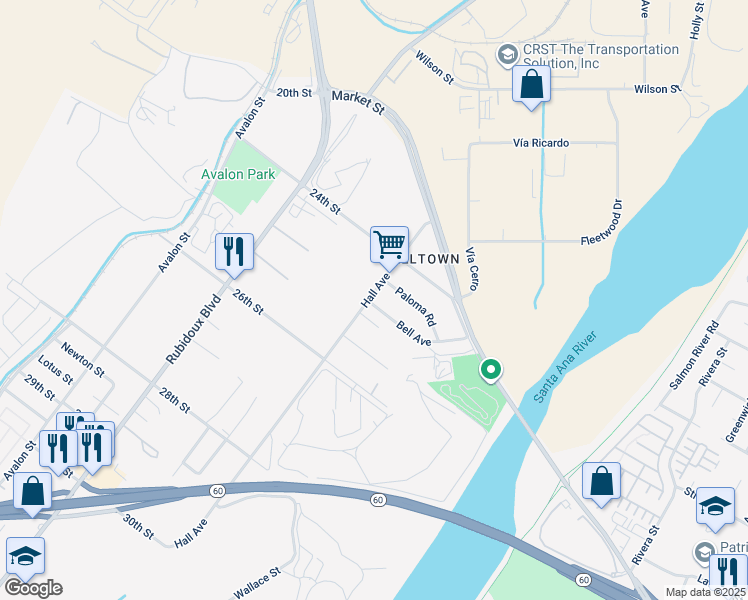 map of restaurants, bars, coffee shops, grocery stores, and more near 2480 Hall Avenue in Riverside