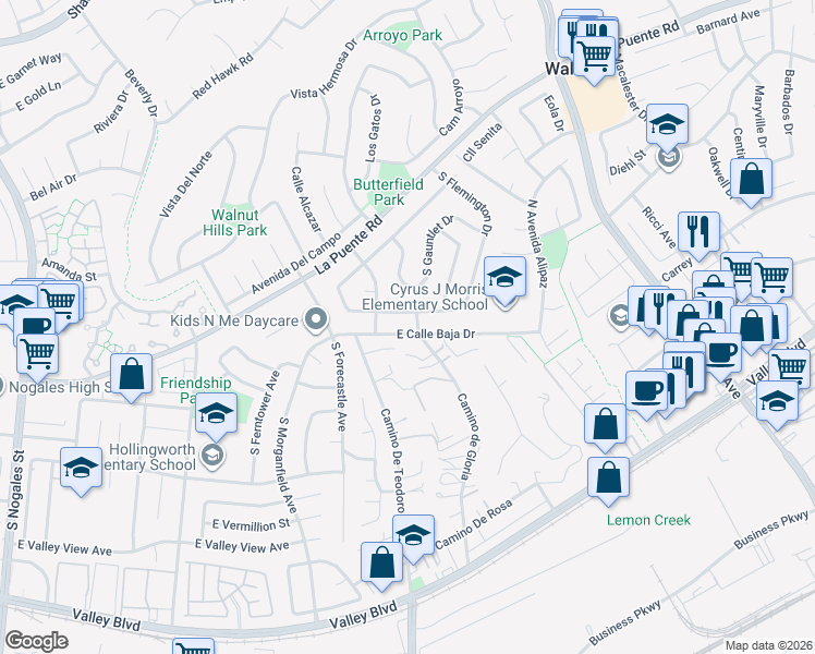 map of restaurants, bars, coffee shops, grocery stores, and more near 3341 East Calle Baja Drive in West Covina