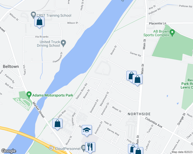 map of restaurants, bars, coffee shops, grocery stores, and more near 4557 Snake River Road in Riverside