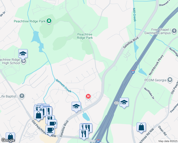map of restaurants, bars, coffee shops, grocery stores, and more near 2869 Calhoun Place in Suwanee