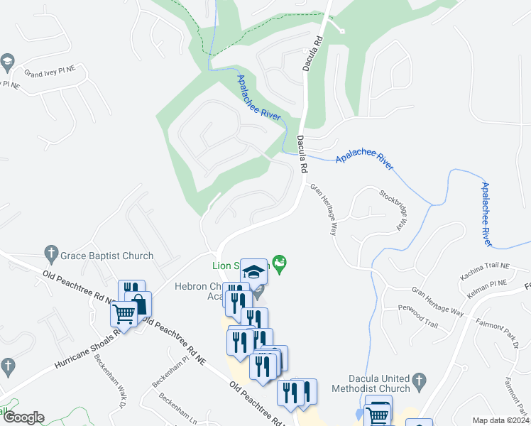 map of restaurants, bars, coffee shops, grocery stores, and more near 705 River Cove Drive Northeast in Dacula