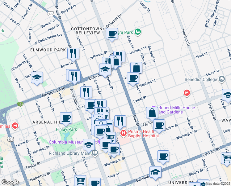 map of restaurants, bars, coffee shops, grocery stores, and more near 1403 Richland Street in Columbia