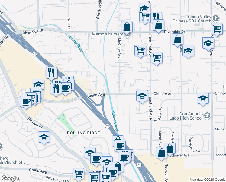 map of restaurants, bars, coffee shops, grocery stores, and more near 3460 Chino Avenue in Chino
