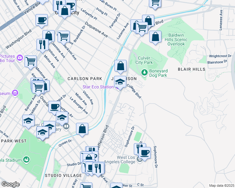 map of restaurants, bars, coffee shops, grocery stores, and more near 10113 Pearson Street in Culver City