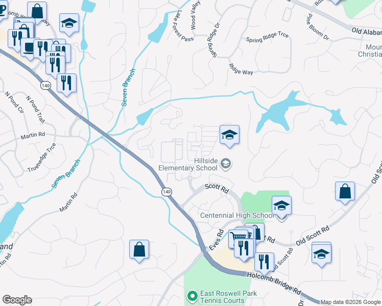 map of restaurants, bars, coffee shops, grocery stores, and more near 147 West Ridge Way in Roswell