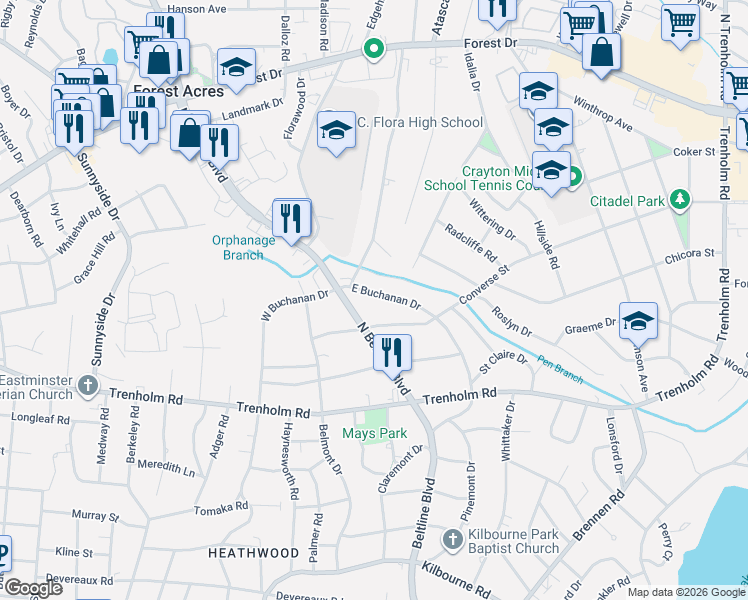 map of restaurants, bars, coffee shops, grocery stores, and more near 1000 Brentwood Drive in Columbia