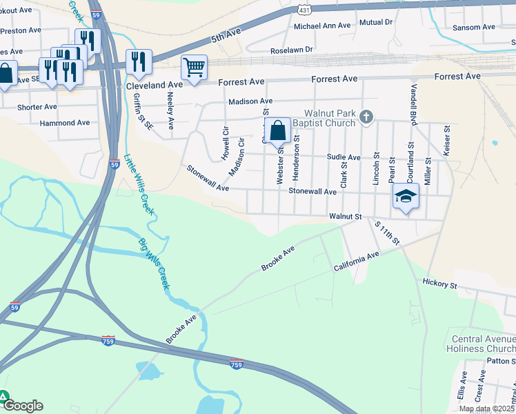 map of restaurants, bars, coffee shops, grocery stores, and more near 501 Chester Street in Gadsden