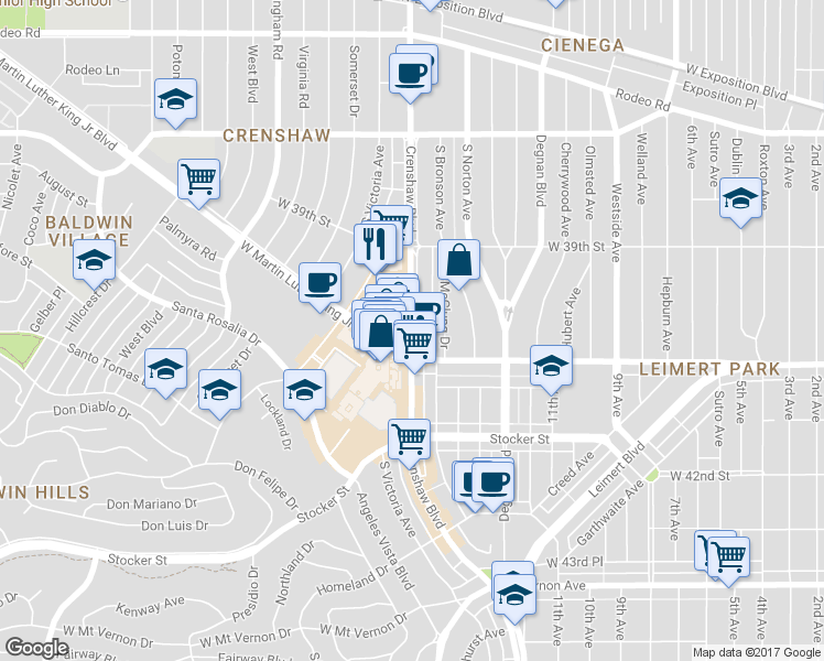 map of restaurants, bars, coffee shops, grocery stores, and more near 4040 Crenshaw Boulevard in Los Angeles