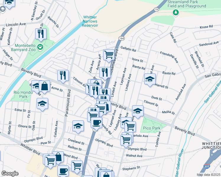 map of restaurants, bars, coffee shops, grocery stores, and more near 4274 Rosemead Boulevard in Pico Rivera