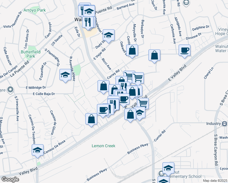 map of restaurants, bars, coffee shops, grocery stores, and more near 285 South Lemon Avenue in Walnut
