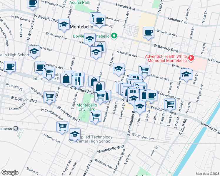 map of restaurants, bars, coffee shops, grocery stores, and more near 145 Greenwood Avenue in Montebello