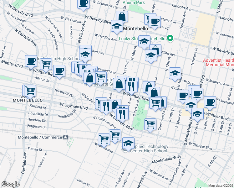 map of restaurants, bars, coffee shops, grocery stores, and more near in Montebello