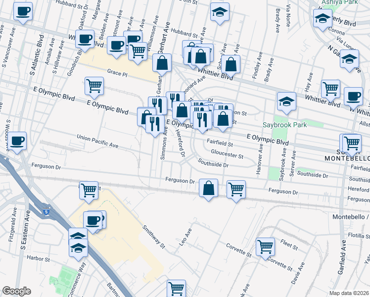 map of restaurants, bars, coffee shops, grocery stores, and more near 5930 Fairfield Street in East Los Angeles