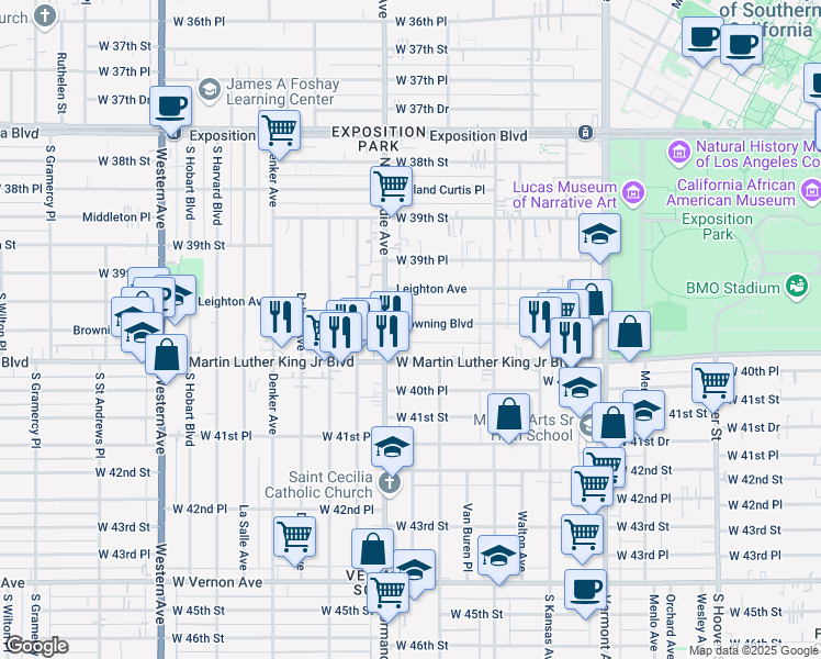 map of restaurants, bars, coffee shops, grocery stores, and more near 1253 1/2 Browning Boulevard in Los Angeles