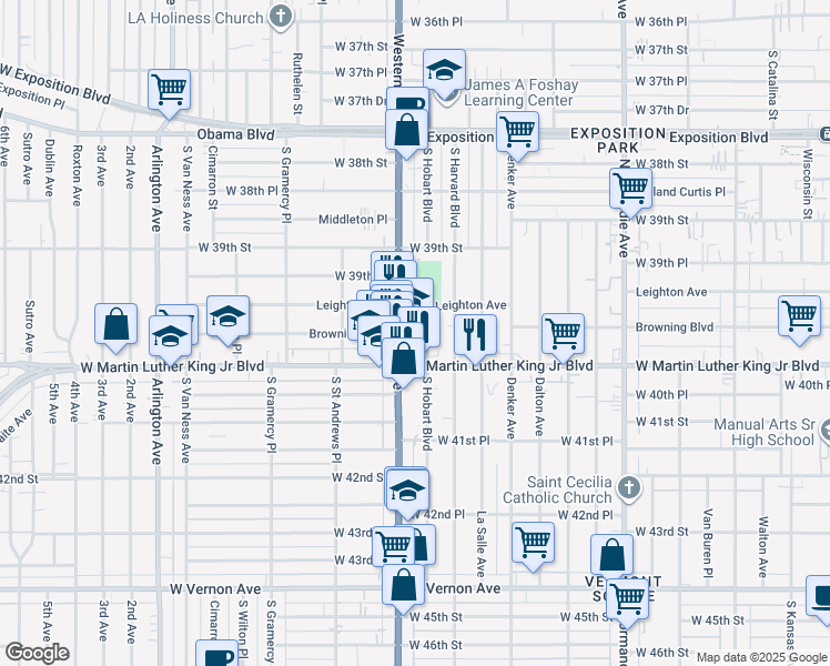 map of restaurants, bars, coffee shops, grocery stores, and more near 3960 Leighton Avenue in Los Angeles