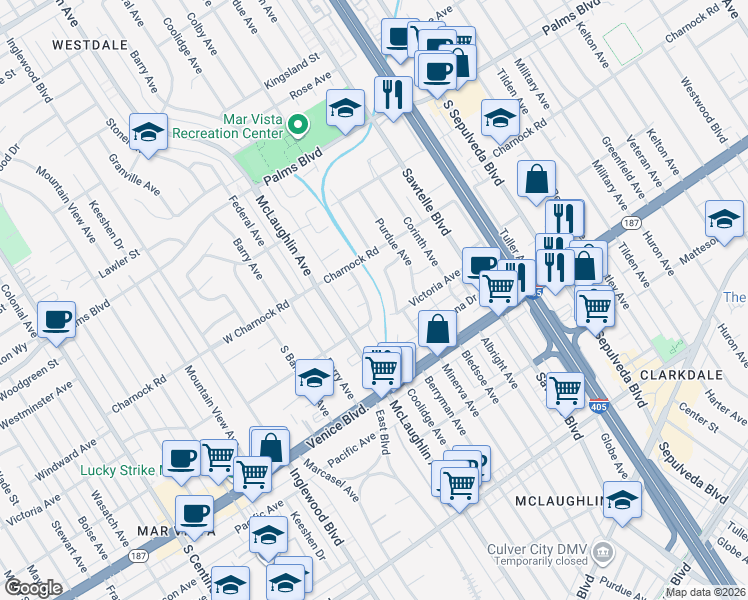 map of restaurants, bars, coffee shops, grocery stores, and more near 3643 Berryman Avenue in Los Angeles