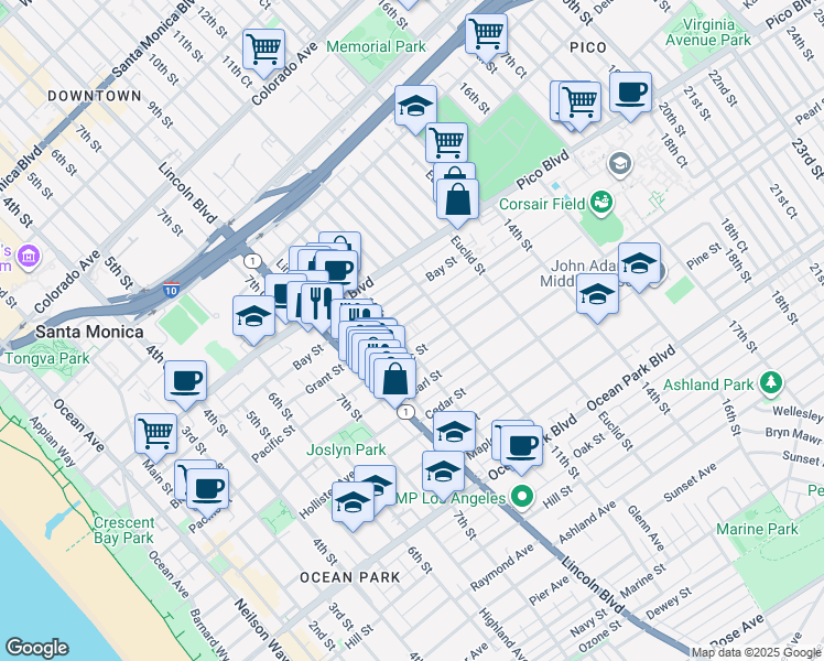 map of restaurants, bars, coffee shops, grocery stores, and more near 1027 Grant Street in Santa Monica