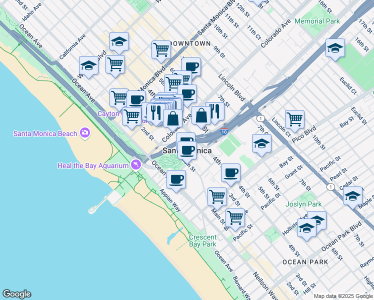 map of restaurants, bars, coffee shops, grocery stores, and more near in Santa Monica