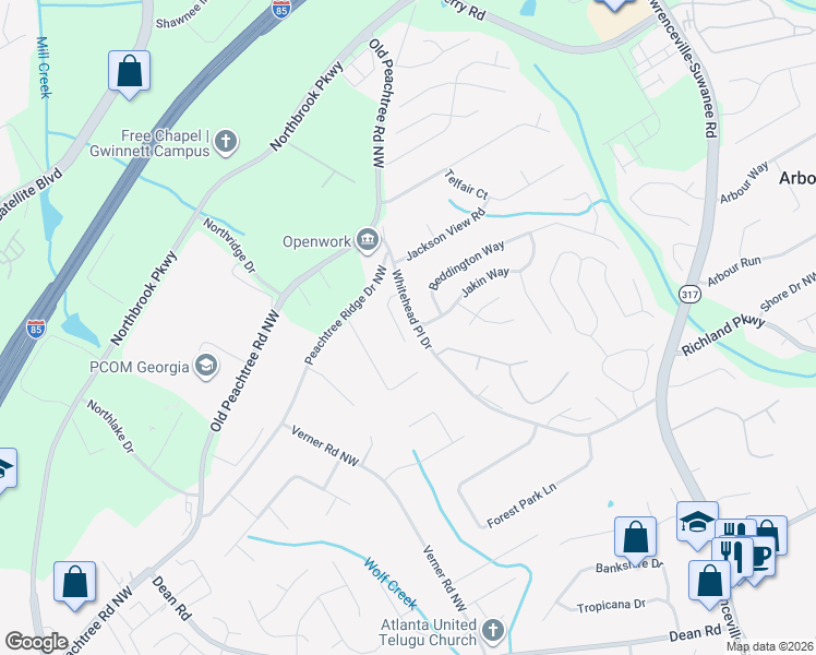 map of restaurants, bars, coffee shops, grocery stores, and more near 880 Ahearn Court in Suwanee