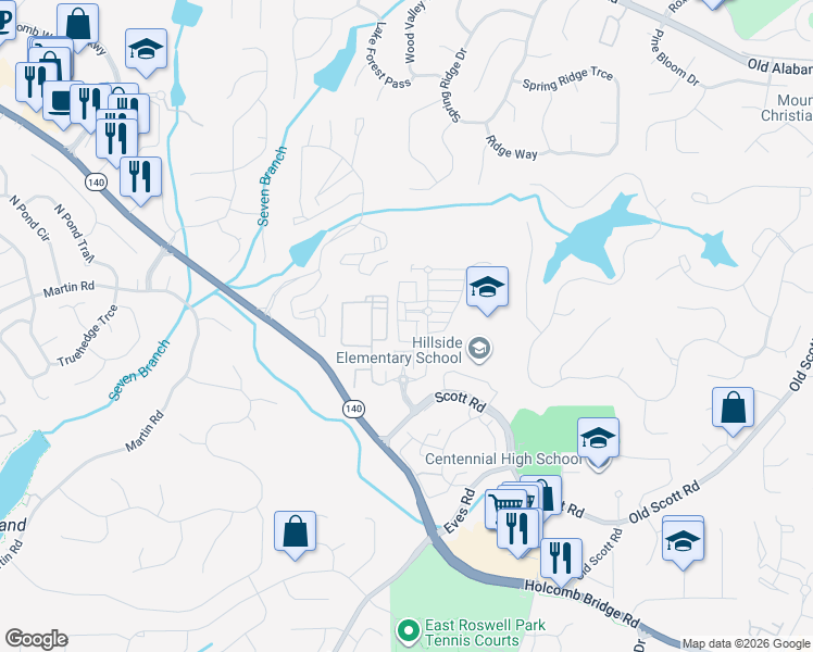 map of restaurants, bars, coffee shops, grocery stores, and more near 147 West Ridge Way in Roswell