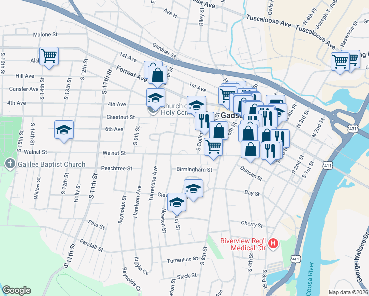 map of restaurants, bars, coffee shops, grocery stores, and more near 728 Berea Avenue in Gadsden