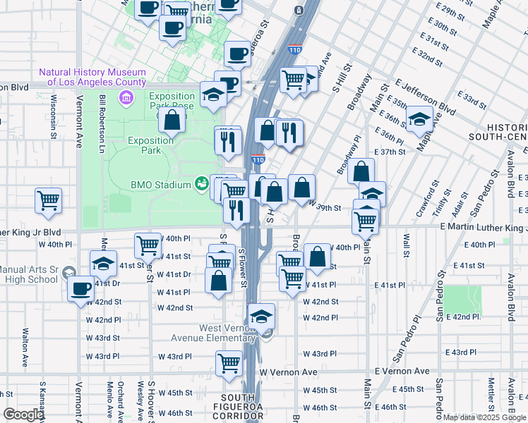 map of restaurants, bars, coffee shops, grocery stores, and more near 3992 South Flower Drive in Los Angeles
