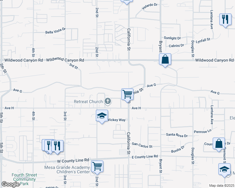 map of restaurants, bars, coffee shops, grocery stores, and more near 35029 Avenue G in Yucaipa