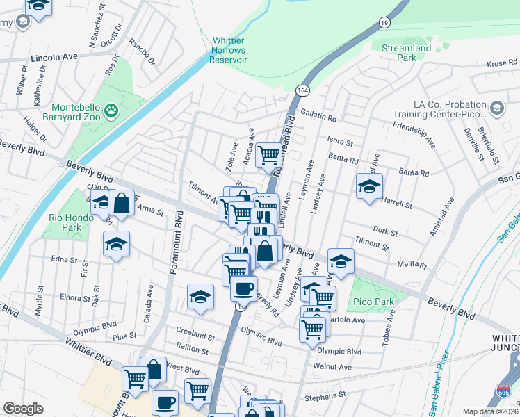 map of restaurants, bars, coffee shops, grocery stores, and more near 4317 Rosemead Boulevard in Pico Rivera