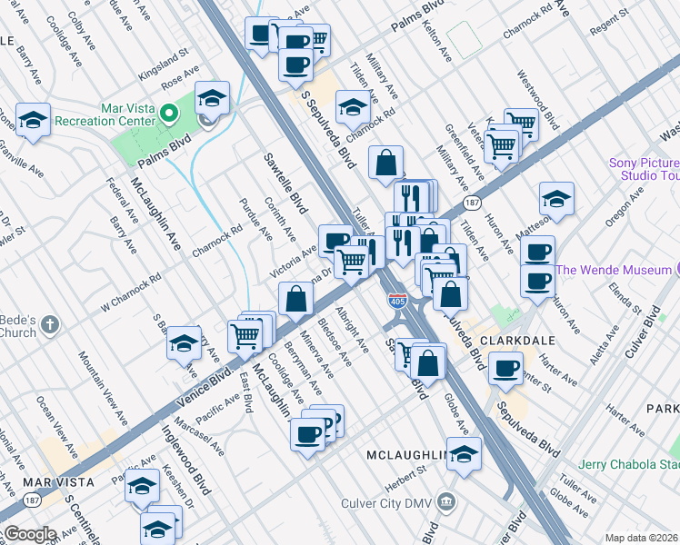 map of restaurants, bars, coffee shops, grocery stores, and more near 3763 Sawtelle Boulevard in Los Angeles