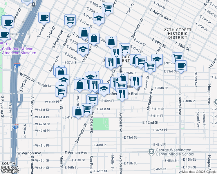 map of restaurants, bars, coffee shops, grocery stores, and more near 3707 San Pedro Street in Los Angeles