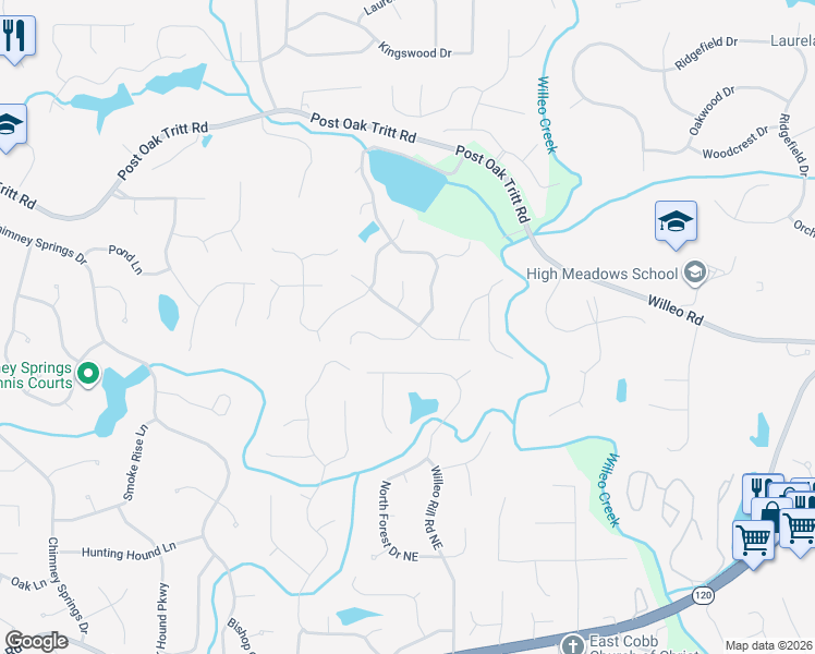 map of restaurants, bars, coffee shops, grocery stores, and more near 2695 Long Lake Drive Northeast in Roswell