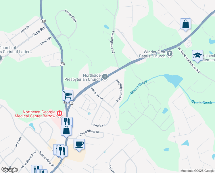 map of restaurants, bars, coffee shops, grocery stores, and more near 619 Majesty Crossing in Winder