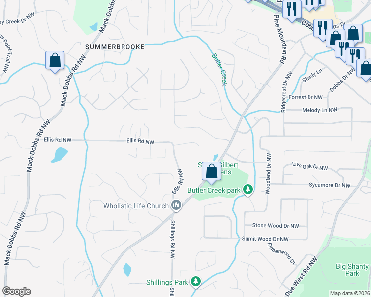 map of restaurants, bars, coffee shops, grocery stores, and more near 2420 Confederate Trail Northwest in Kennesaw