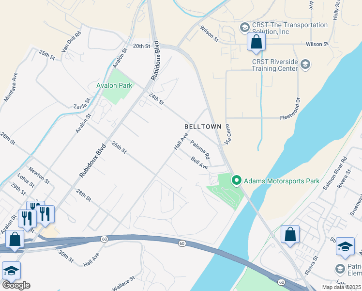 map of restaurants, bars, coffee shops, grocery stores, and more near 2480 Hall Avenue in Riverside