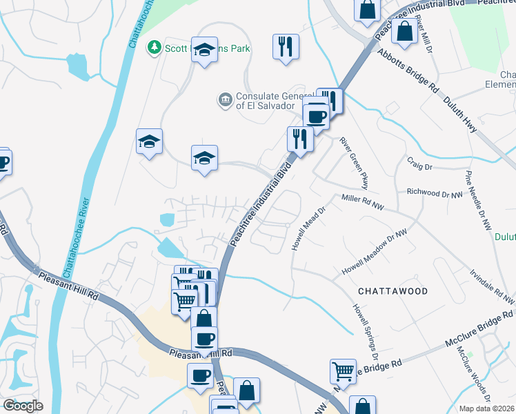 map of restaurants, bars, coffee shops, grocery stores, and more near 4110 Ashford Green Drive in Duluth