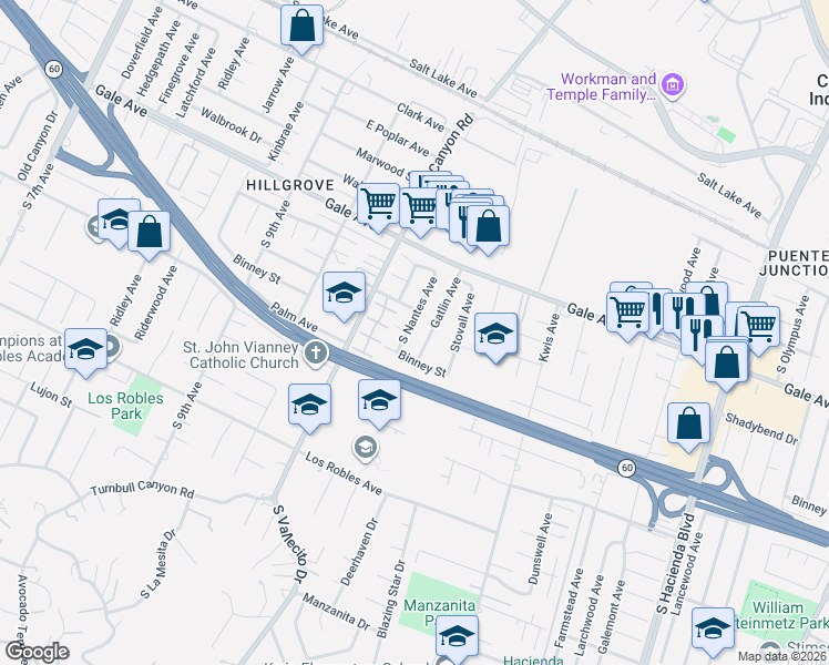 map of restaurants, bars, coffee shops, grocery stores, and more near 1150 South Nantes Avenue in Hacienda Heights