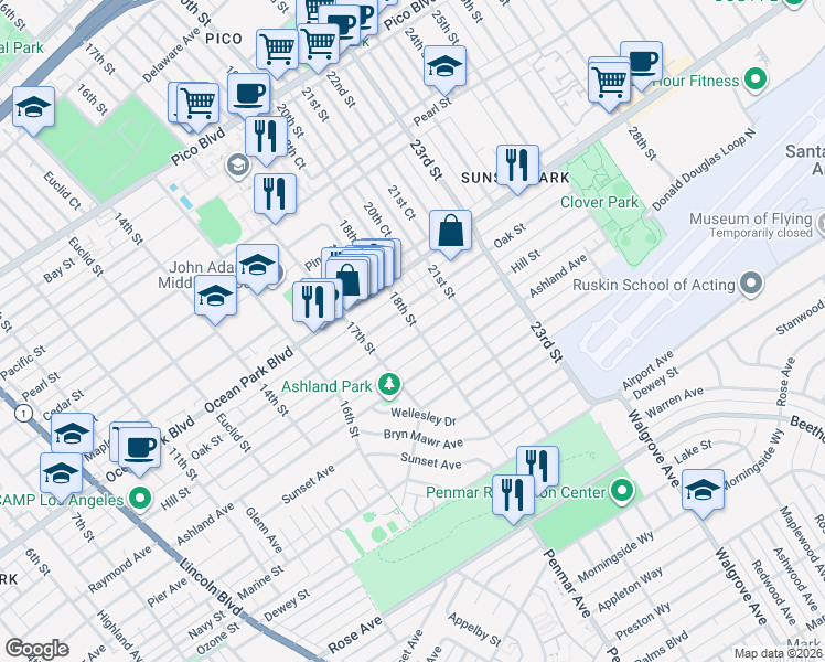 map of restaurants, bars, coffee shops, grocery stores, and more near 1749 Hill Street in Santa Monica