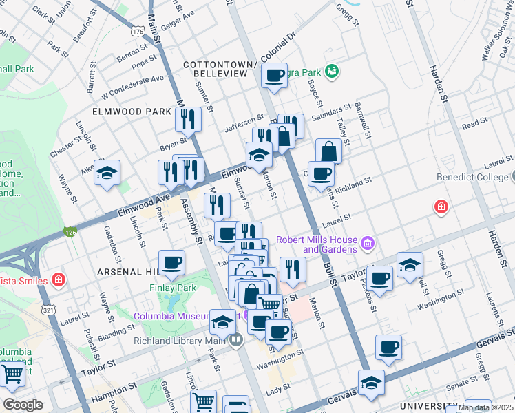 map of restaurants, bars, coffee shops, grocery stores, and more near 1301 Richland Street in Columbia