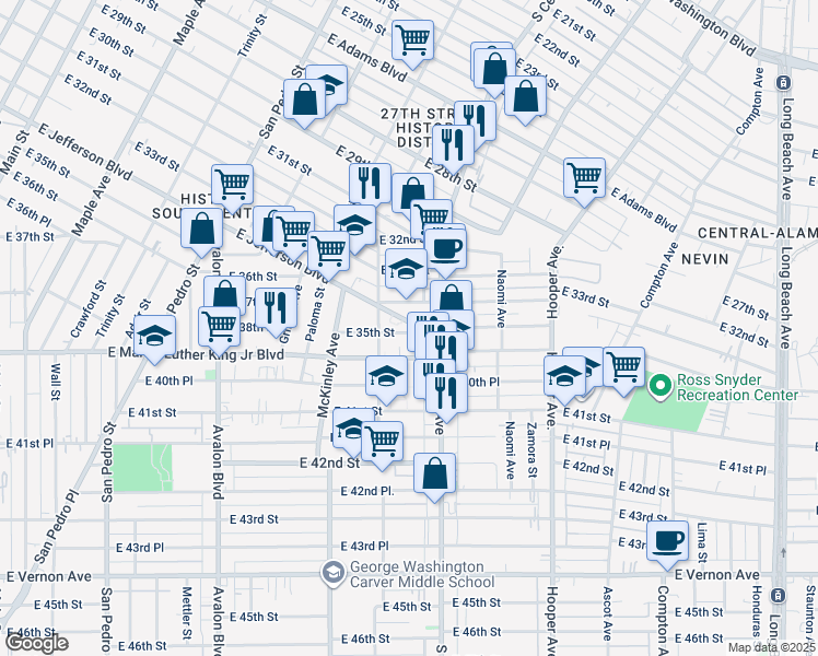 map of restaurants, bars, coffee shops, grocery stores, and more near 1010 East Jefferson Boulevard in Los Angeles