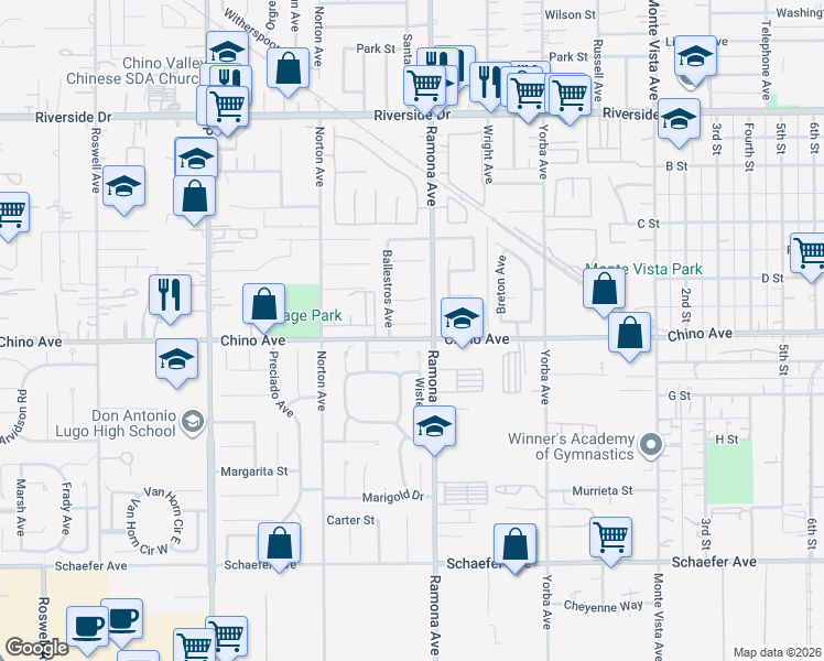 map of restaurants, bars, coffee shops, grocery stores, and more near 4457 Teresita Court in Chino