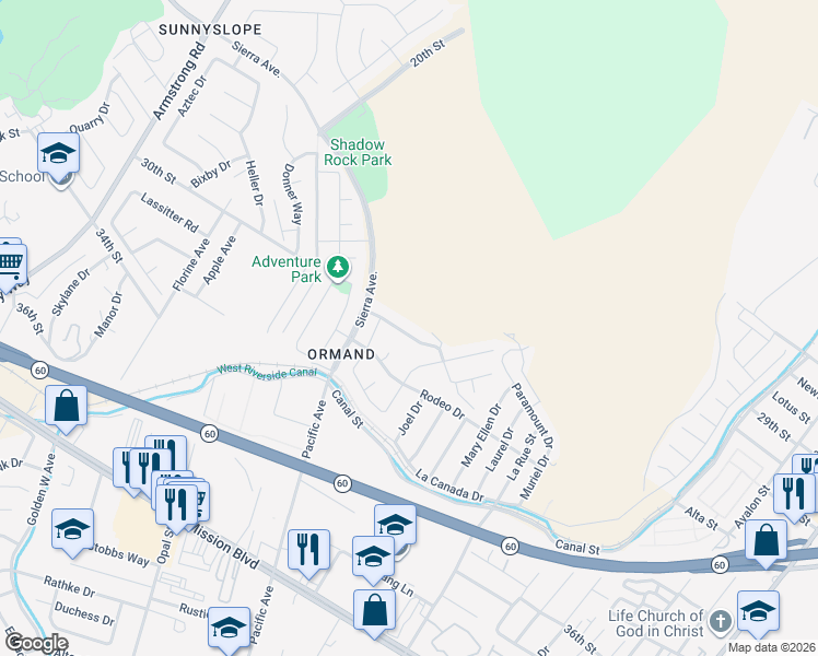 map of restaurants, bars, coffee shops, grocery stores, and more near 6451 Canyonlands Drive in Jurupa Valley