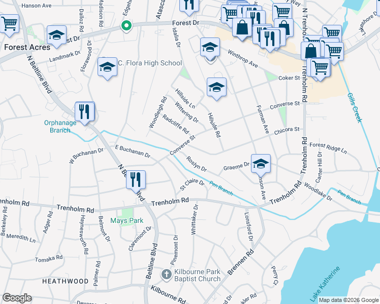 map of restaurants, bars, coffee shops, grocery stores, and more near 4308 Converse Street in Columbia