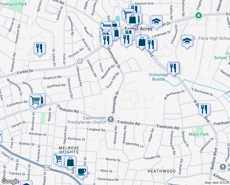 map of restaurants, bars, coffee shops, grocery stores, and more near 1333 Sunnyside Drive in Columbia