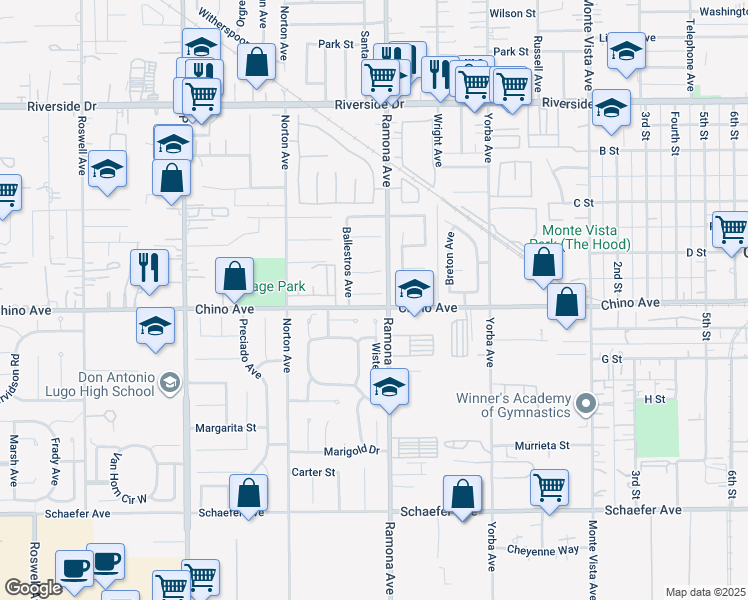 map of restaurants, bars, coffee shops, grocery stores, and more near 4473 Teresita Court in Chino